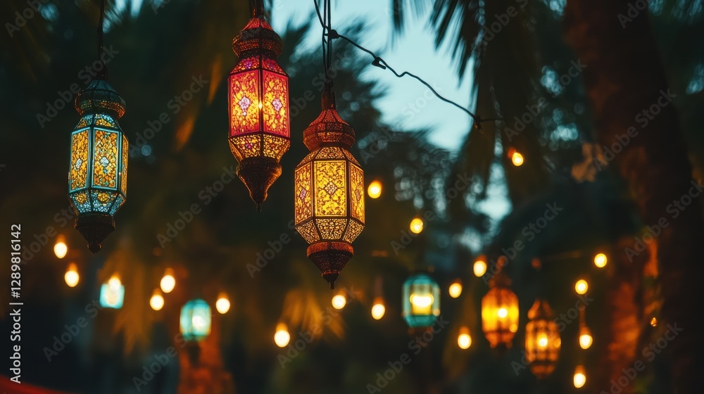 Colorful Lanterns Hanging Amidst Palm Trees at Dusk in a Festival Setting Colorful Lanterns Hanging Amidst Palm Trees at Dusk in a Festival Setting