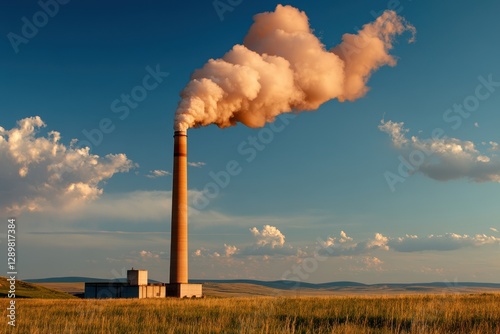 Industrial Power Plant Emissions with Sky and Clouds in Background on Clear Day