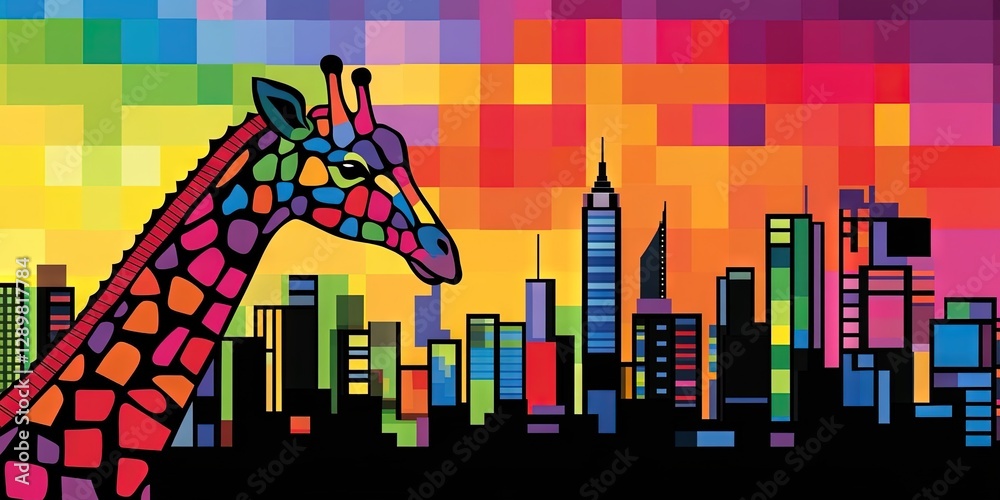 Naklejka premium johannesburg tourism concept featuring a giraffe against the city's downtown architecture and urban layout