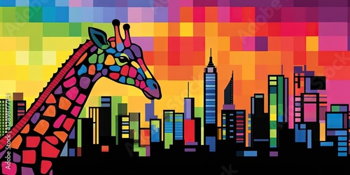  johannesburg tourism concept featuring a giraffe against the city's downtown architecture and urban layout photo