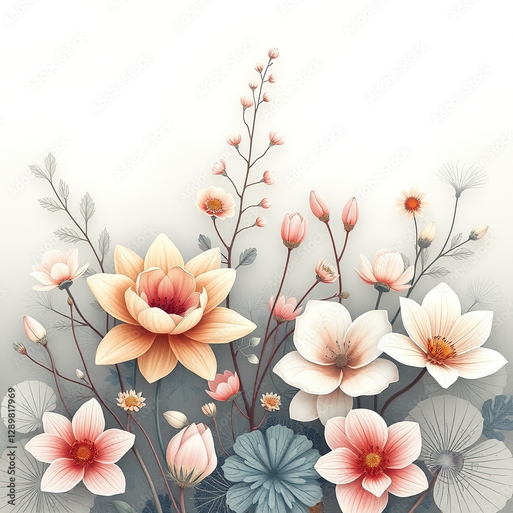 Serene Botanical Art with Geometric Patterns Serene Botanical Art with Geometric Patterns