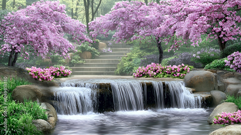 Serene Waterfall in a Pink Blossom Garden Serene Waterfall in a Pink Blossom Garden