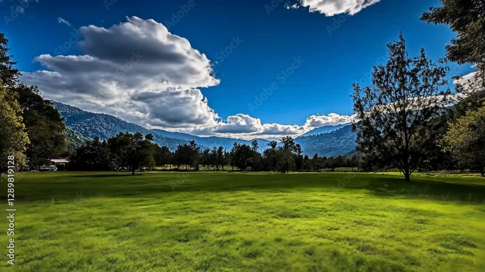 Lush green meadow with dramatic cloud formations under a bright blue sky near rolling mountains Lush green meadow with dramatic cloud formations under a bright blue sky near rolling mountains