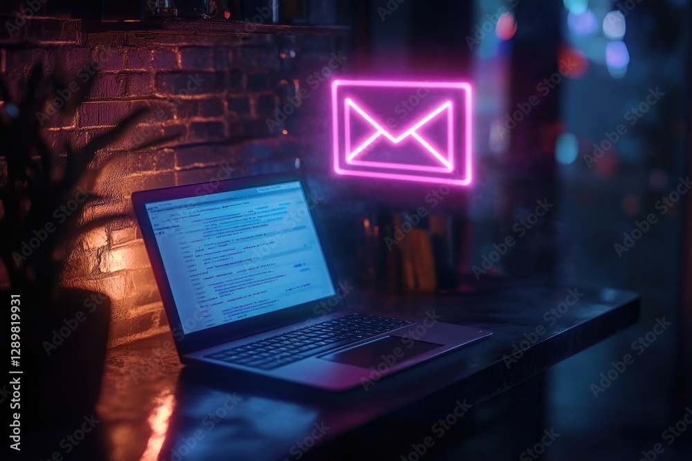 Futuristic Workspace with Laptop Illuminated Email Icon in Cyberpunk Style and Neon Colors Futuristic Workspace with Laptop Illuminated Email Icon in Cyberpunk Style and Neon Colors