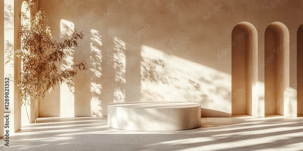 Obraz premium Minimalist Beige Podium with Leaf Shadows on Smooth Wall 3D Rendering