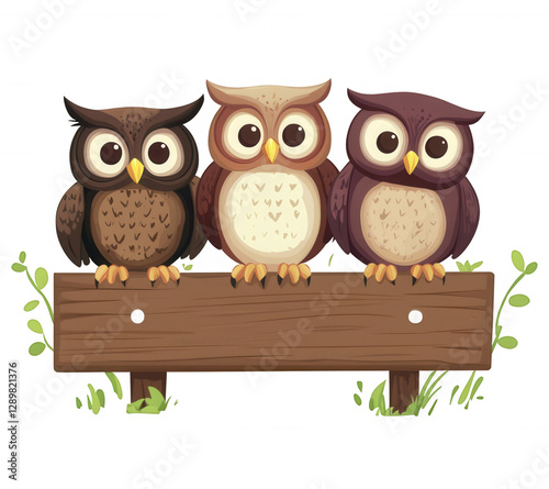 Three owls sitting on wooden sign with transparent background