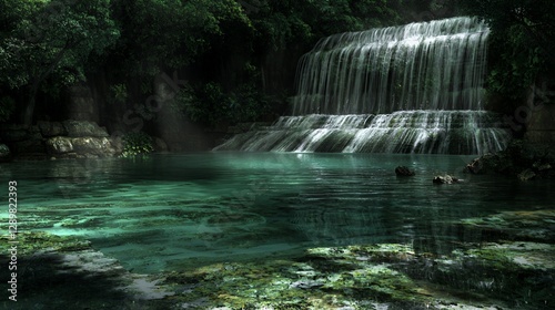 Serene Waterfall in Lush Tropical Forest