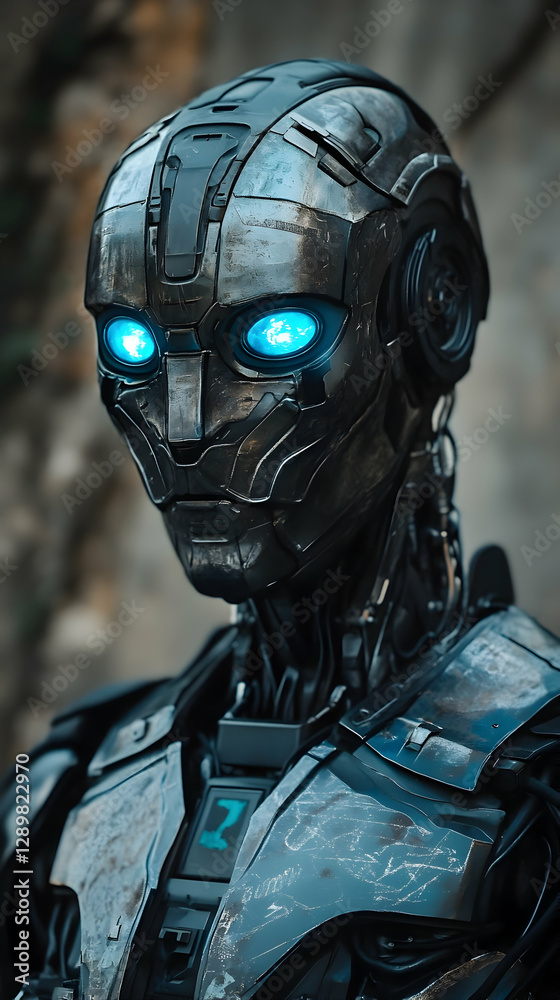 Close-up of a futuristic robot with glowing blue eyes, weathered metallic surface, detailed design. Close-up of a futuristic robot with glowing blue eyes, weathered metallic surface, detailed design.