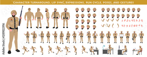 
Police Officer Character Design Model Sheet. Man, Character design. Front, side, back view and explainer animation poses. Character set with lip sync and Walk cycle animation sequences.
