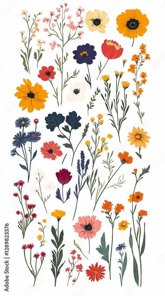 Obraz premium Retro flowers and plants set pattern illustration poster background