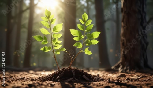 Sapling growing upright with leaves unfurling in sunlight,  forest,  leaf