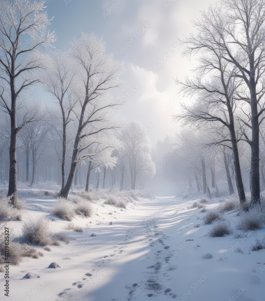 Obraz premium Serene snow-covered landscape with frozen trees and misty sky, forest, frosty