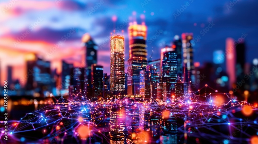 Fototapeta premium Dazzling Futuristic Cityscape with Glowing Skyscrapers Illuminated Network Connections and Vibrant Nighttime Skyline Modern urban landscape with high rise buildings transportation infrastructure