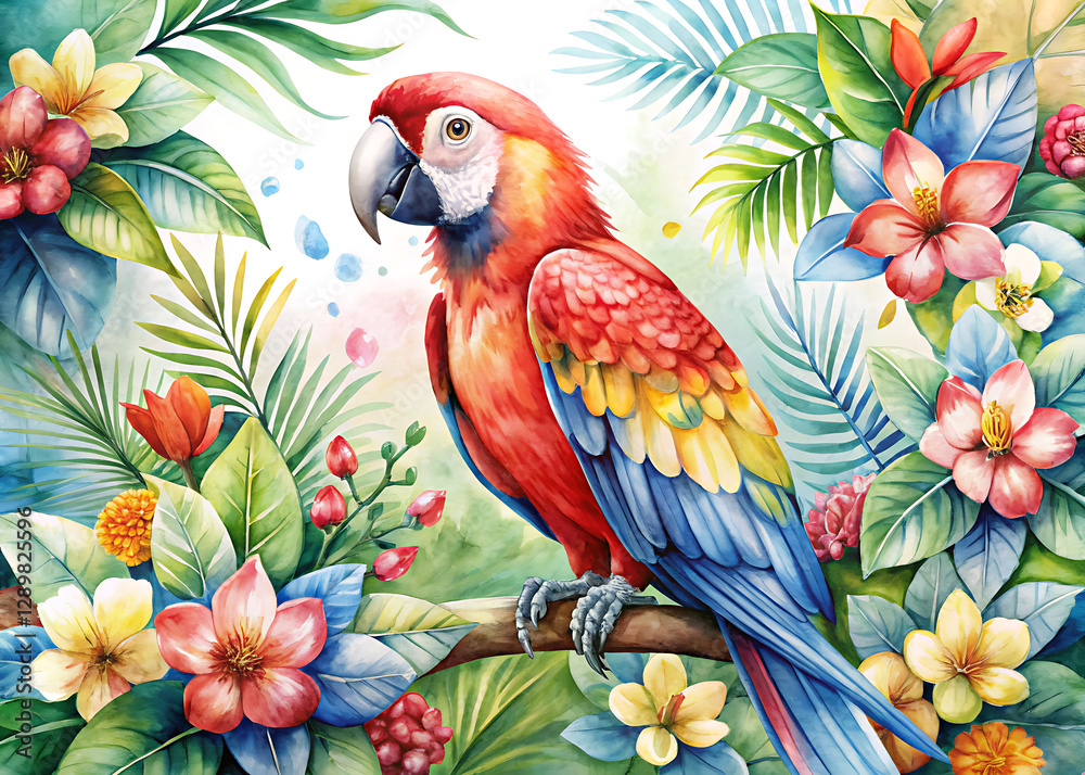 Fototapeta premium cute parrot floral watercolor illustration vector art isolated white and green nature plant background, abstract vibrant pastel color 