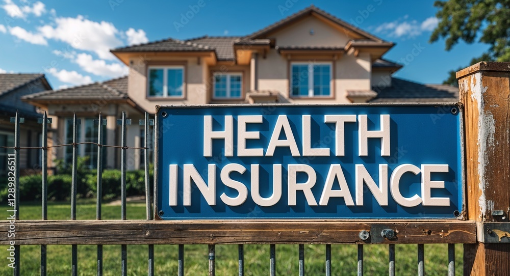 Obraz premium health insurance lettering on sign at fence with house background