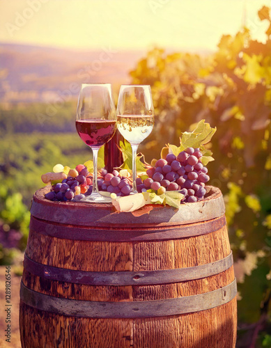 Copa de vino sobre barrica photo