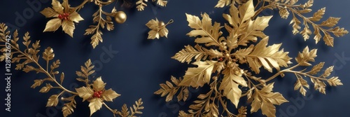 snowflakes and holly leaves with gold ornaments against a dark blue background,  holly,  gold