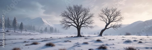 snowflakes gently falling on a lone tree in the cold winter landscape,  icy beauty,  snowfall scene