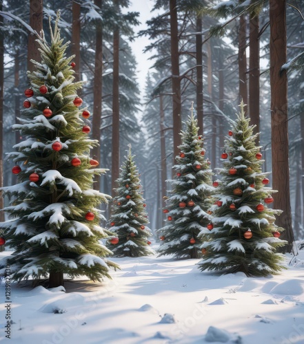 Snowy Forest with Christmas Trees and Ornaments ,  ornaments,  christmas trees