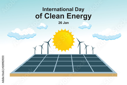 International Day of Clean Energy. Vector panel converts sunlight into electrical power. Illustration of electric fuel from nature without damaging the environment