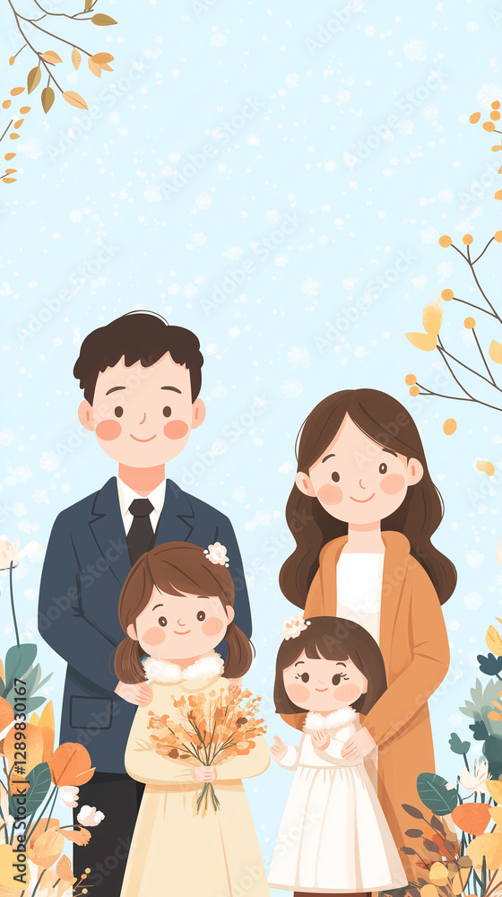 A Family Portrait: A heartwarming illustration of a family of four, a harmonious blend of love, unity, and joy. Captured in a vibrant illustration. A Family Portrait: A heartwarming illustration of a family of four, a harmonious blend of love, unity, and joy. Captured in a vibrant illustration.