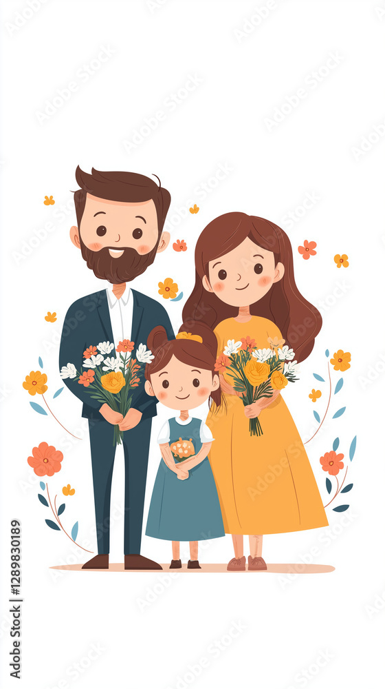Family Portrait: A loving family stands together, smiling and holding flowers, a cheerful illustration capturing the essence of togetherness and familial bond. Family Portrait: A loving family stands together, smiling and holding flowers, a cheerful illustration capturing the essence of togetherness and familial bond.