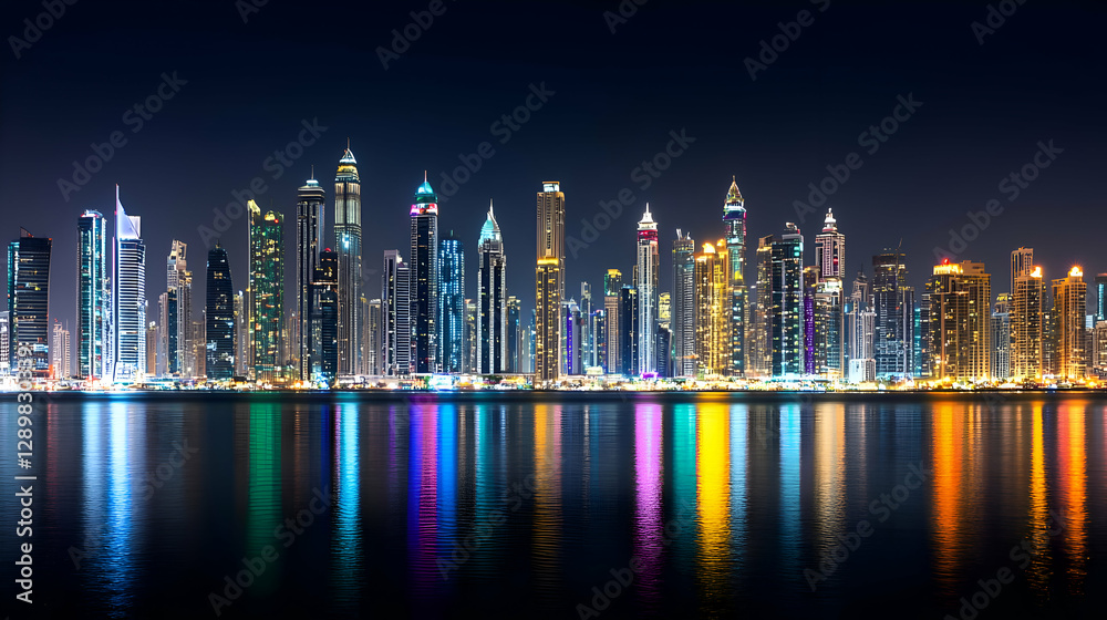 Fototapeta premium Night City Skyline Reflection In Water