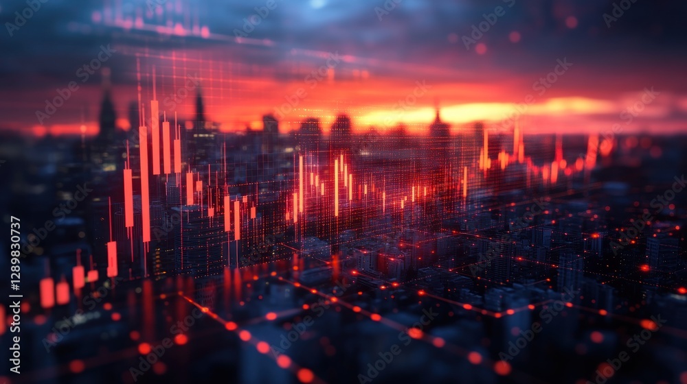 Fototapeta premium Financial data overlaid on a cityscape at sunset. Stock market graph, city lights.