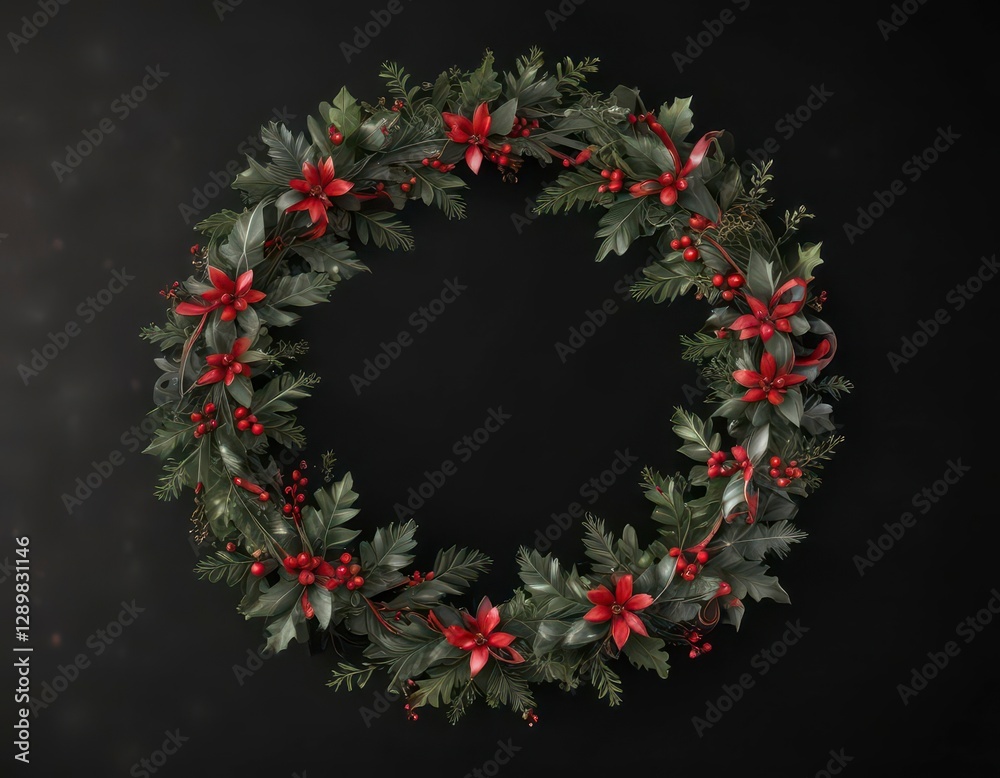 Swirl ribbons with stars and holly leaves in a circular motion on black background, Christmas decorations, Swirl ribbons with stars and holly leaves in a circular motion on black background, Christmas decorations,