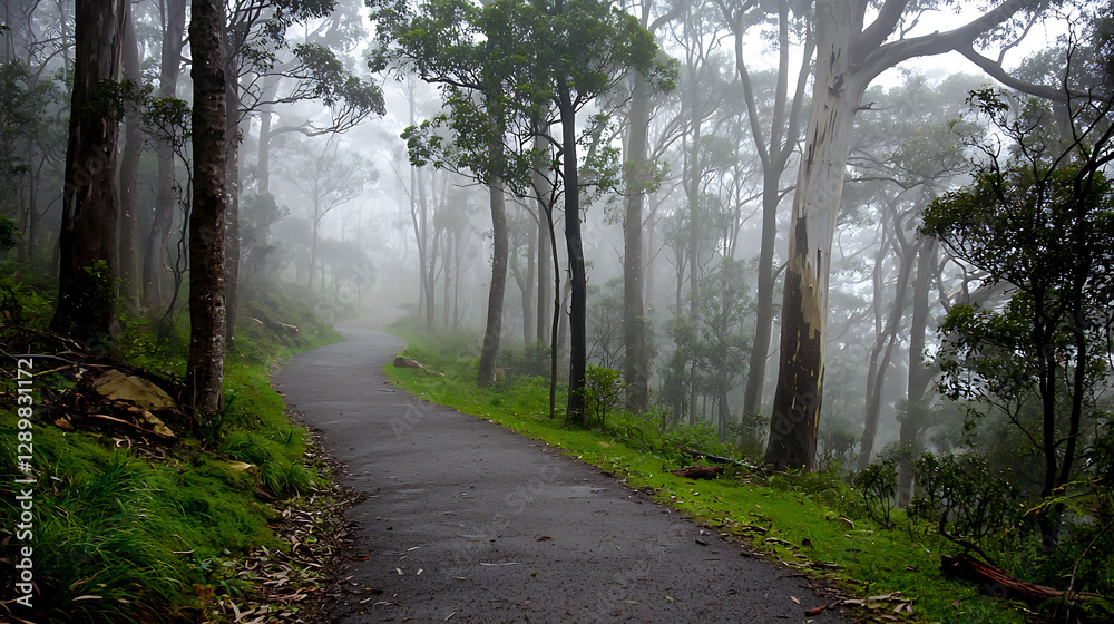 Fototapeta premium A path through a forest with foggy weather. generated using AI