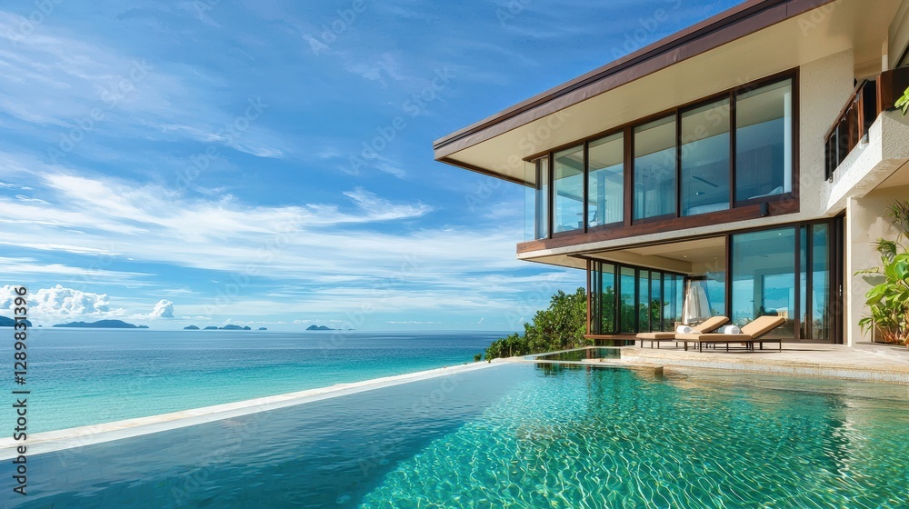 Fototapeta premium Modern villa with infinity pool overlooking the ocean.