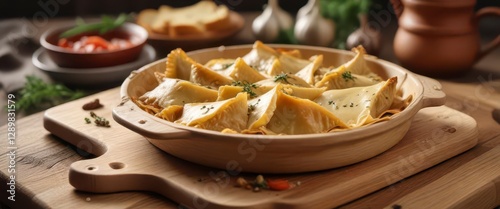 Traditional wooden Maultaschen dish on wooden board, german, woodenboard