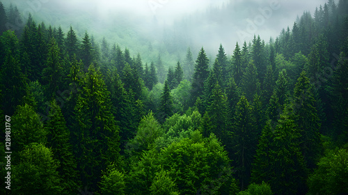 Misty Green Coniferous Forest Mountain Landscape