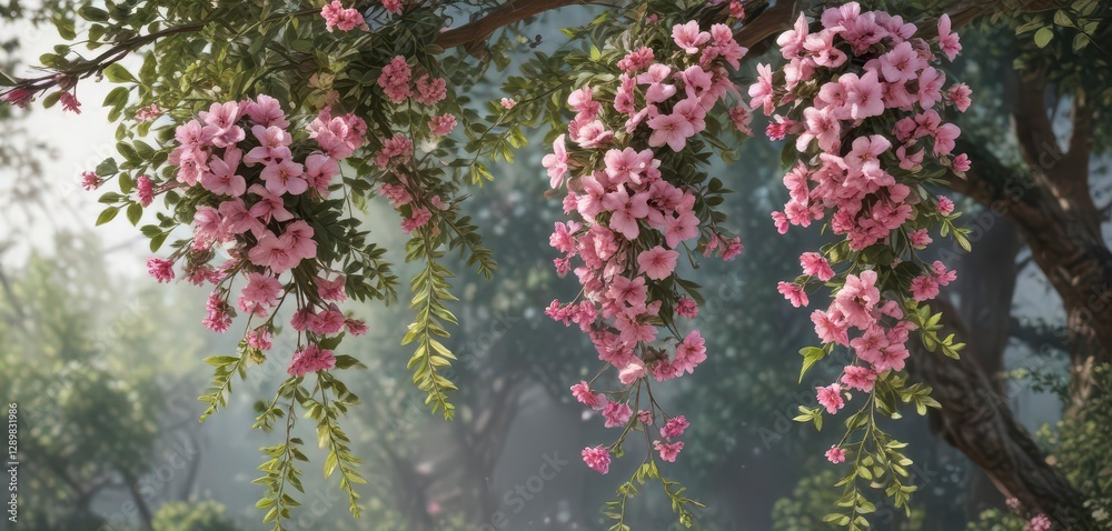 Two pink floral banners hanging from a tree branch, with flowers and leaves surrounding them, trees, flowers Two pink floral banners hanging from a tree branch, with flowers and leaves surrounding them, trees, flowers