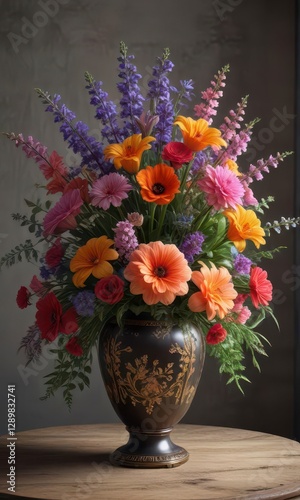 Vibrant floral arrangement in a vintage style vase, background, ornamental