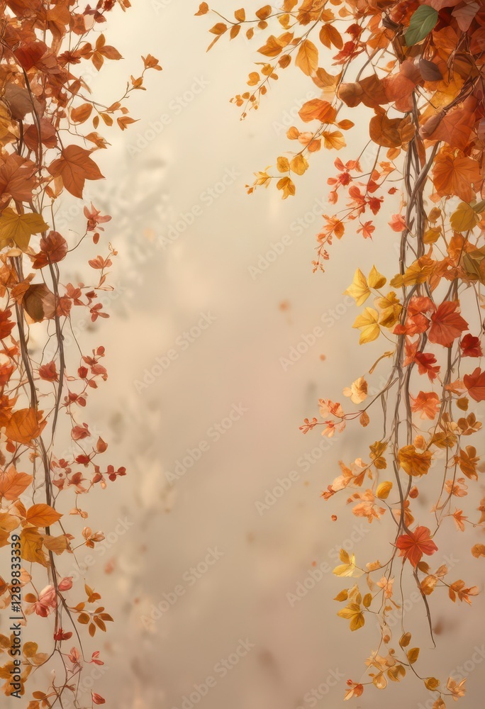 Naklejka premium Vines and leaves in warm autumn tones, delicate watercolor petals , watercolor, vines