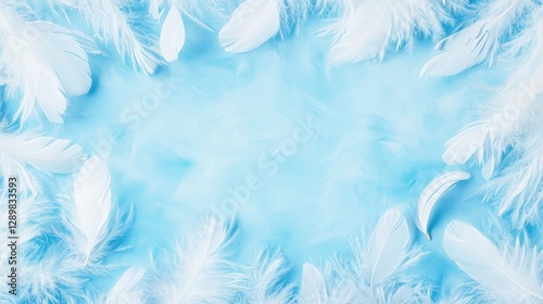 A serene blue background adorned with soft white feathers, creating a calming and ethereal atmosphere.