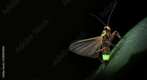Firefly on Leaf Exhibiting Bioluminescence at Night in Nature Close-Up