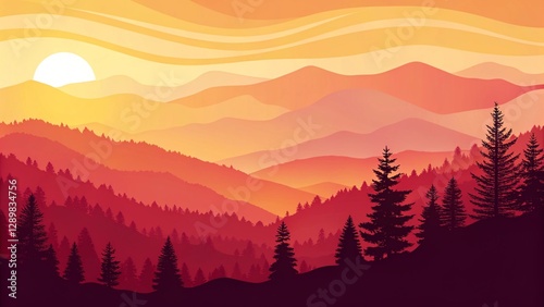 Colorful mountain landscape with layers of peaks and a dark pine forest silhouette, illuminated by a warm sunset glow, perfect for nature themes