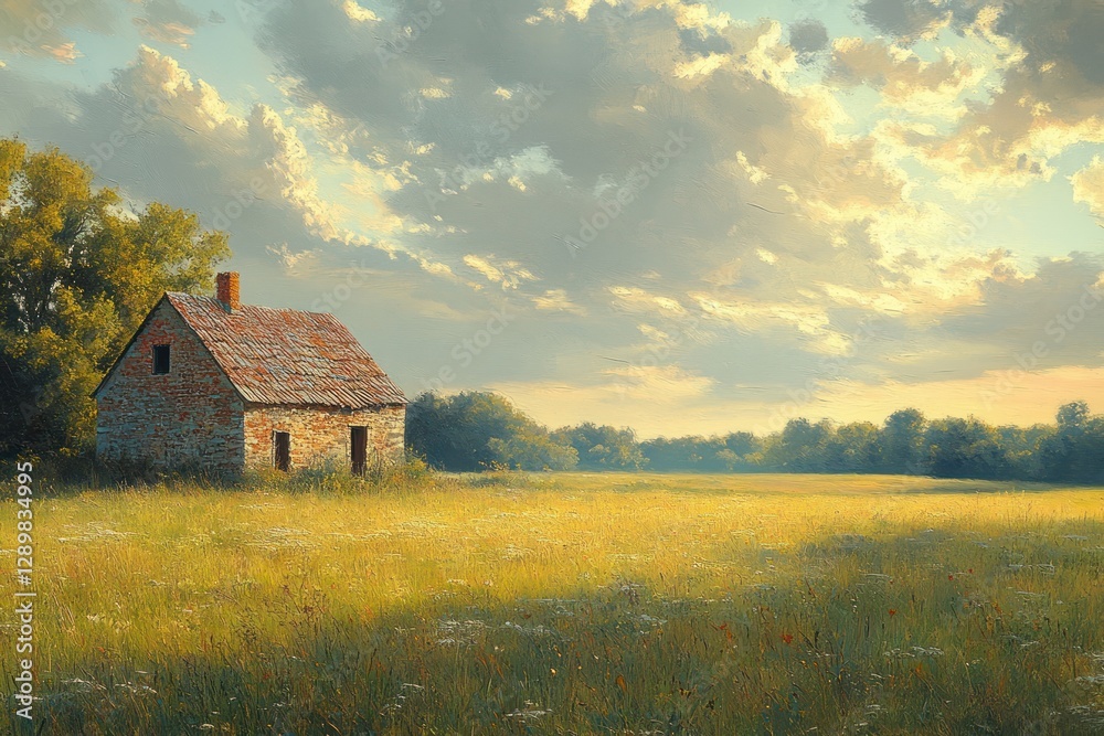 Serene Countryside Farm Landscape Rustic Building Impressionism Serene Countryside Farm Landscape Rustic Building Impressionism