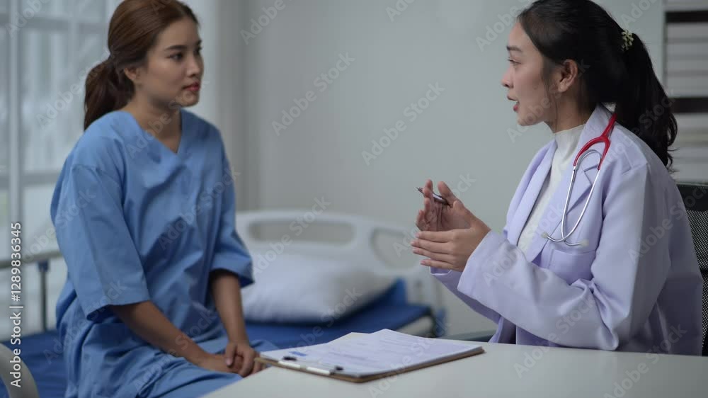 A woman in a blue hospital gown is talking to a doctor. The doctor is wearing a white coat and a red stethoscope. Scene is serious and professional A woman in a blue hospital gown is talking to a doctor. The doctor is wearing a white coat and a red stethoscope. Scene is serious and professional