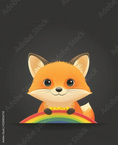 Cute cartoon fox smiling over a colorful rainbow, perfect for children's designs. photo