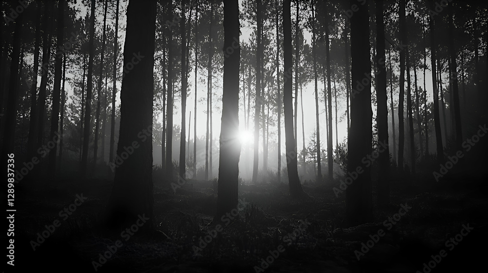 Fototapeta premium Dark Forest at Dawn: Sunlight Through Silhouetted Trees