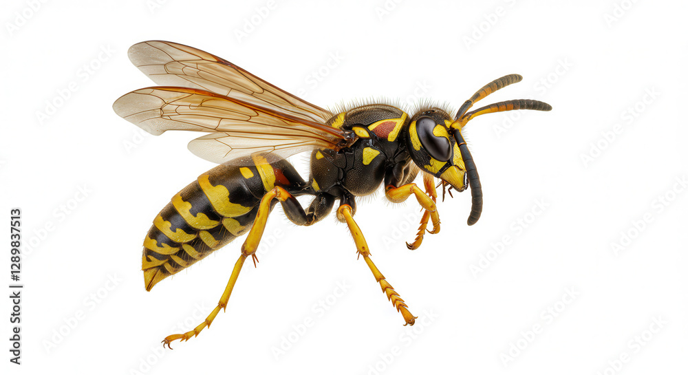 Obraz premium Macro Close-up of Yellow Jacket Wasp Isolated on White Background with Detailed View of Wings and Sting