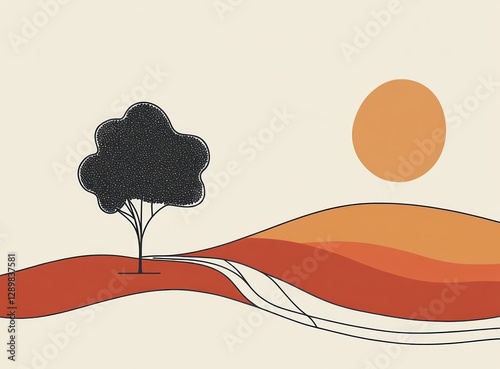 Minimalist landscape art with tree, sun, and rolling hills.