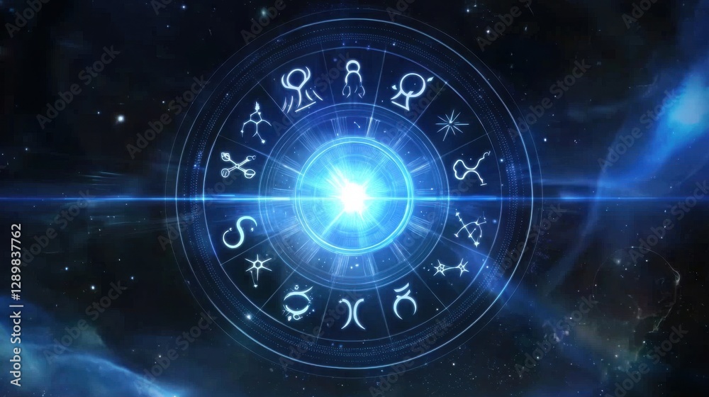 Glowing cosmic astrological symbols and zodiac signs floating in a mysterious ethereal celestial background filled with stars nebulae and other celestial elements