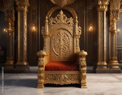 Regal throne with intricate golden carvings and ornate background details,  gold,  regalia