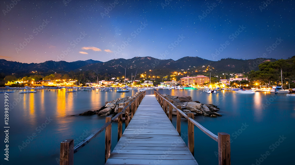 Fototapeta premium Starlit Night Over Coastal Town With Wooden Pier