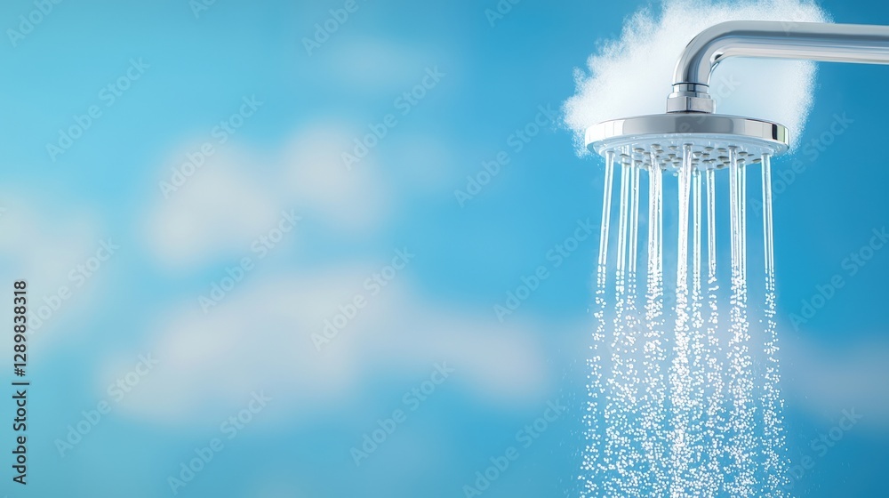 A modern showerhead sprays water against a bright blue sky backdrop, creating a refreshing and serene atmosphere. A modern showerhead sprays water against a bright blue sky backdrop, creating a refreshing and serene atmosphere.