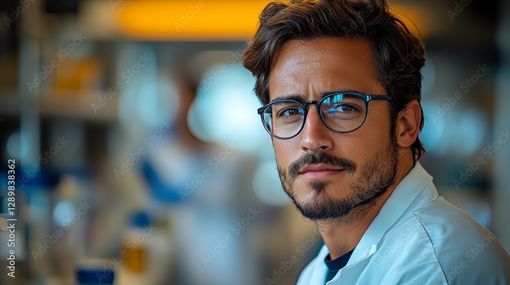 Focused male scientist in lab coat embodies dedication to scientific discovery. Focused male scientist in lab coat embodies dedication to scientific discovery.